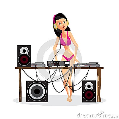 Summer party: Woman DJ in bikini and equipment, dance music. Set Vector Illustration