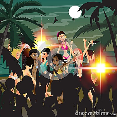 Summer party. Young women in bikini dancing at a disco on the be Vector Illustration