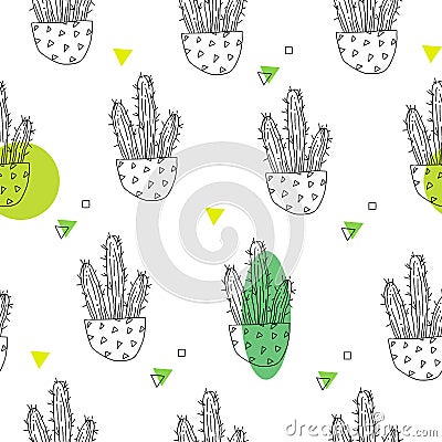 Summer pattern with contour cacti and green spots on white background. Ornament for textile and wrapping. Vector Vector Illustration