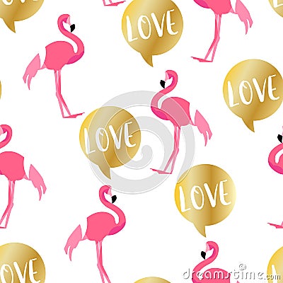 Summer pattern with cute flamingo and golden text cloud on white background. Ornament for textile and wrapping Vector Illustration