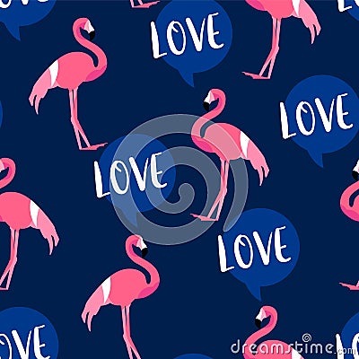 Summer pattern with cute flamingo and text cloud on dark background. Ornament for textile and wrapping. Vector Vector Illustration