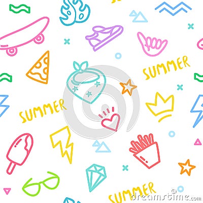 Summer pattern with old school tattoo elements in doodle style. Ornament for textile and wrapping. Vector color background Vector Illustration