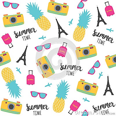 Summer pattern with pineapples, photo camera, Eiffel Tower. Vector Illustration