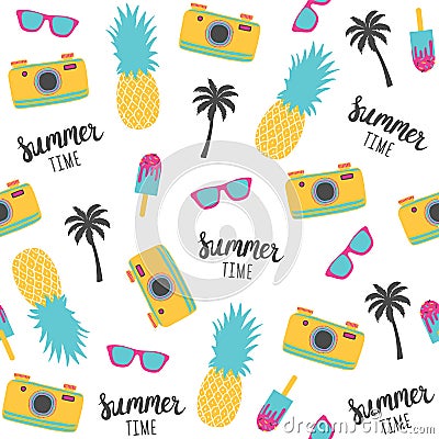 Summer pattern with pineapples, photo camera. Vector Illustration