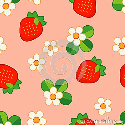 Summer pattern with Strawberries and Flowers. Strawberry background. Stock Photo