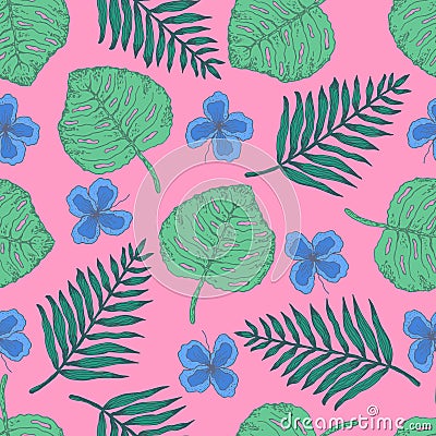 Summer pattern with tropical leaves and flowers Vector Illustration