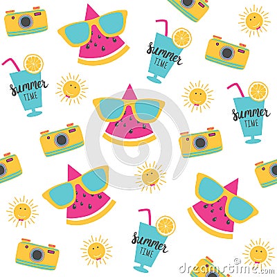 Summer pattern. Watermelon with photo camera. Vector Illustration