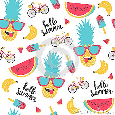 Summer pattern. Watermelon, pineapple and bicycle. Vector Illustration