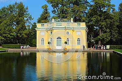 Summer pavilion on the shore of the Mirror Pond. Tsarskoye Selo, Russia. Editorial Stock Photo