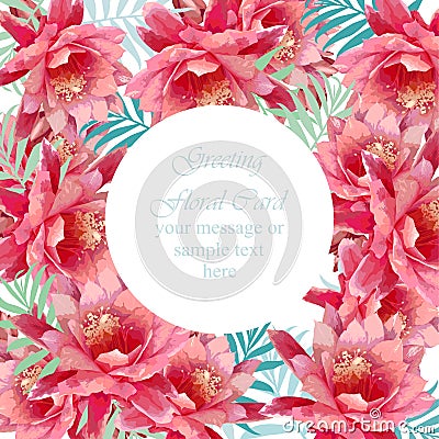 Summer peony round flowers blossom card frame. Spring Season delicate watercolor flowers Wedding Invitation. Place for Vector Illustration