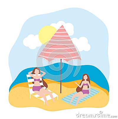 Summer people activities, young women in deck chair and towel in the beach, seashore relaxing and performing leisure Vector Illustration