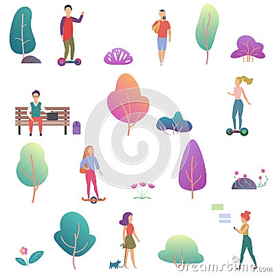 Summer people activity in the park icons set. Modern gradient flat design vector illustration. Vector Illustration
