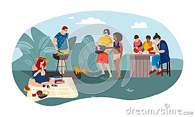 Summer people BBQ Cartoon parents and children spending time together picnic party. Vector summer activities background Vector Illustration