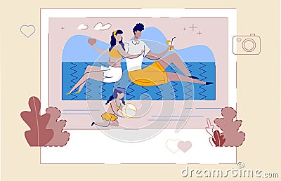 Summer Photo Young Family Relaxing on Sea Beach Vector Illustration