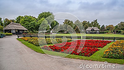 Victoria park in Stafford Staffordshire UK with flowers and pavilion Stock Photo