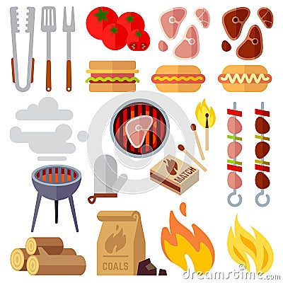 Summer picnic, barbecue and grilled food steak vector icons Vector Illustration