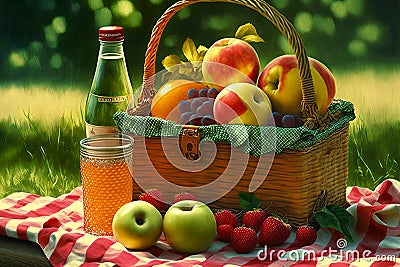 summer picnic basket on blanket with fruit and three jugs Stock Photo