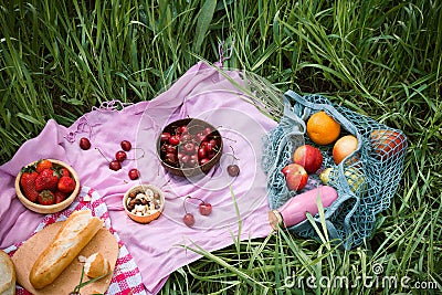 Summer picnic on the with cherries in the wooden coconut bowls, fresh bread and glass bottle of juice Stock Photo