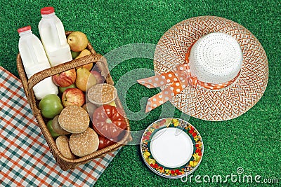 Summer Picnic Concept With Straw Hat And Food Basket Stock Photo