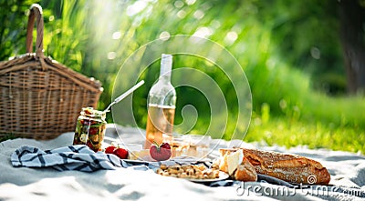 Summer picnic with delicious food in the green Stock Photo