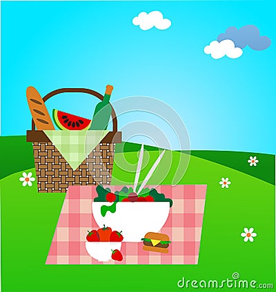 Summer picnic on green meadow Vector Illustration