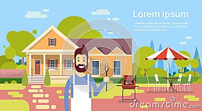 Summer Picnic Man Cooking Outdoors House Barbecue Grill Party Vector Illustration