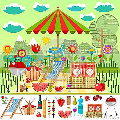 Summer picnic in the meadow with mountain views Vector Illustration