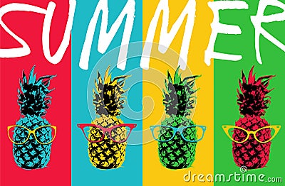 Summer pineapple color design with hipster glasses Vector Illustration
