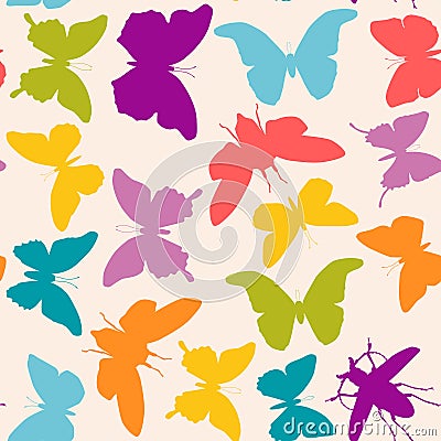 Summer pink lilac blue green butterflies set seamless pattern on pink background. Vector Vector Illustration