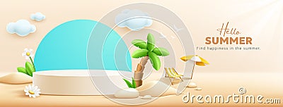 Summer podium display on cloud and sand beach background Vector Illustration