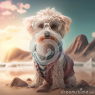 Summer poodle dog in fashionable outfit. Dog poodle summer animal breed in cute face wearing. Stock Photo