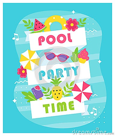 Summer Pool or Beach Party Poster or Invitation Card. Vector Illustration