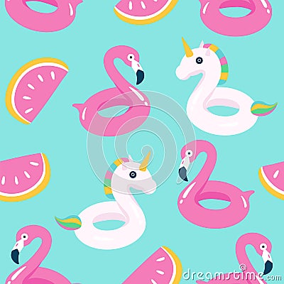 Summer pool floating with flamingo and unicorn. Seamless pattern. Vector Illustration