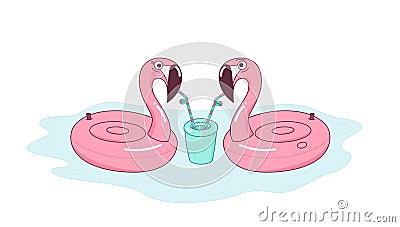 Inflatable cute flamingo couple drink cocktail together Vector Illustration