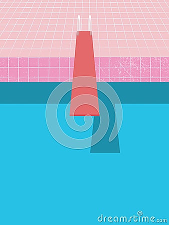 Summer pool party invitation poster, flyer vector template with vintage swimming pool background and jumping board. Vector Illustration