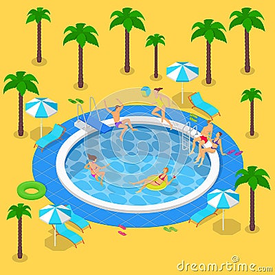 Summer pool party, vector 3d isometric illustration. Summer vacation in resort. People have a rest by the swimming pool Vector Illustration