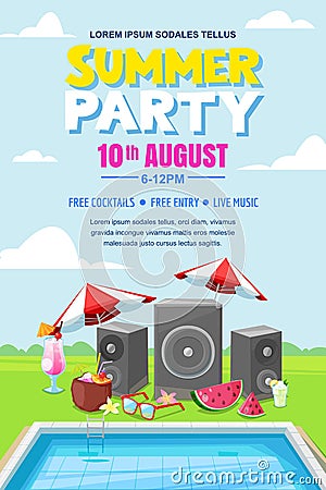 Summer pool party, vector poster, banner layout. Music loudspeakers, cocktails near swimming pool. Vector Illustration