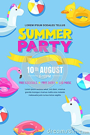 Summer pool party, vector poster, banner layout. Unicorn, flamingo, duck, ball, donut cute floats in water. Vector Illustration