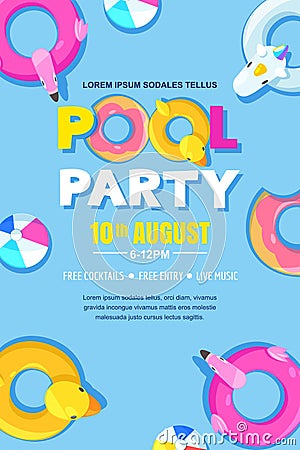 Summer pool party, vector poster, banner layout. Unicorn, flamingo, duck, ball, donut cute floats in water. Vector Illustration