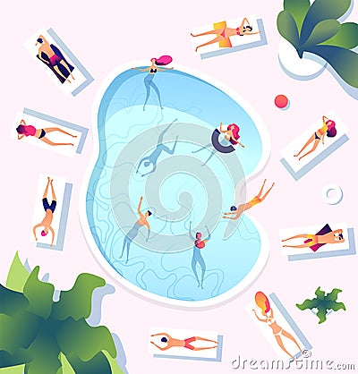 Summer pool. People at swimming pool top view. Persons swim dive relaxing sunbathing women men water games beach party Vector Illustration