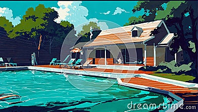 Summer pool vacation at sunny day. AI generated illustration in pop art style. Cartoon Illustration