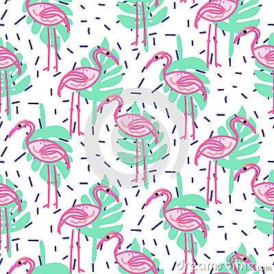 Summer pop art flamingo and palm tropic branches seamless pattern. Vector Illustration