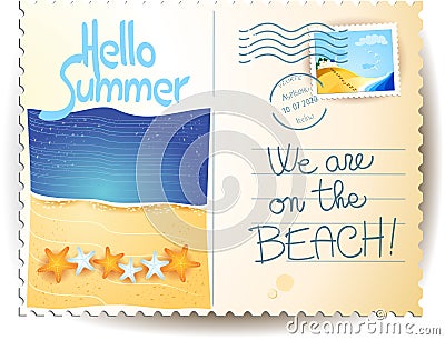 Summer postacard with seascape, text, stamp and postmark Cartoon Illustration