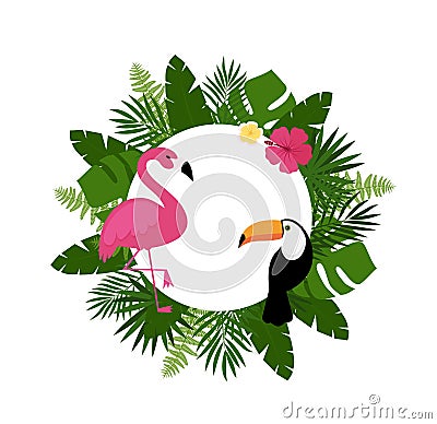 Summer postcard background with tropical plants and flowers, flamingos. For typographical, banner, poster, party invitation. Vector Illustration