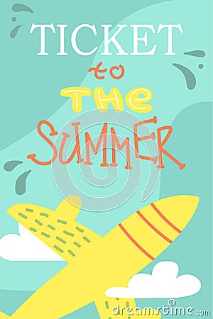 Summer postcard with cute plane. Vector cartoon illustration. Vacations Vector Illustration