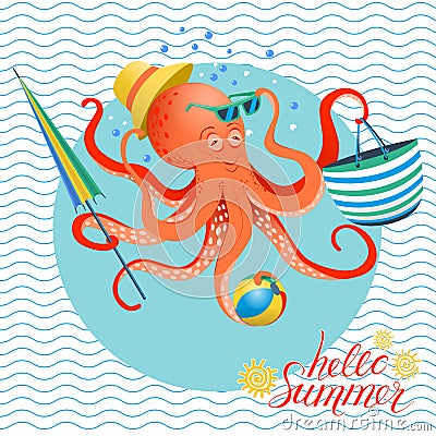 Summer poster of octopus Vector Illustration