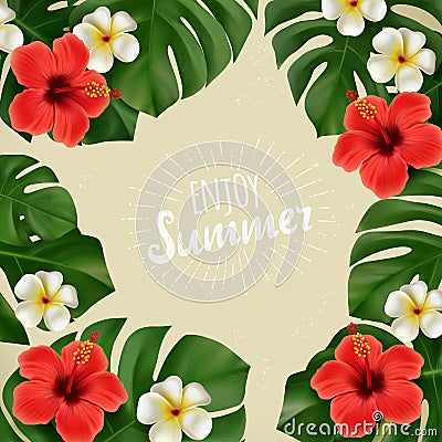 Summer poster with Tropical flowers and monstera leaves, palm leaves of tropical plants isolated Cartoon Illustration
