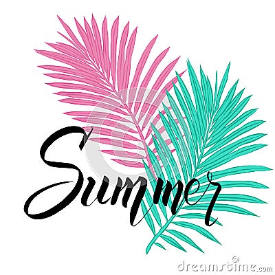 Summer poster with tropical palm leaf and handwriting lettering. Stock Photo