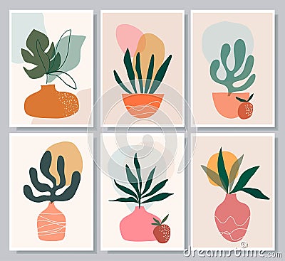 Botanical abstract wall art collection with summer green leaves in vases, still life Vector Illustration