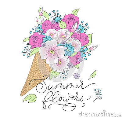 Summer print with ice-cream, flowers and lettering inscription Vector Illustration